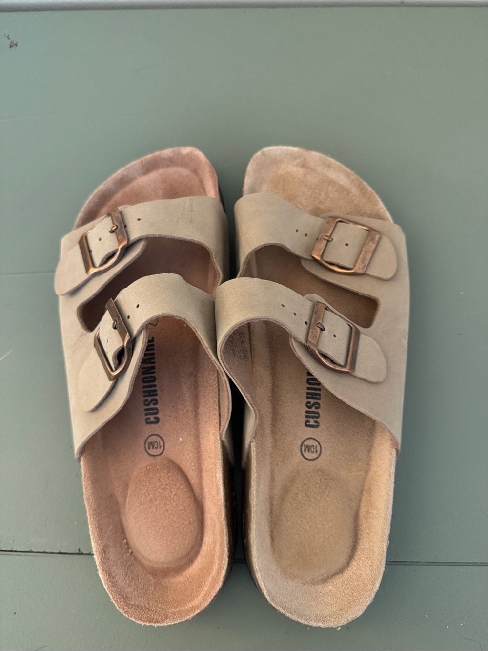 Cushionaire Double-Buckle Slide Sandals in Taupe